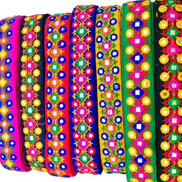 Red Multicoloured Indian Mirror Trim Kutch Embroidered Navratri Garba Dress Trim Bridal Lace, Indian Sari Border 36 mm Wide Trim Per Yard